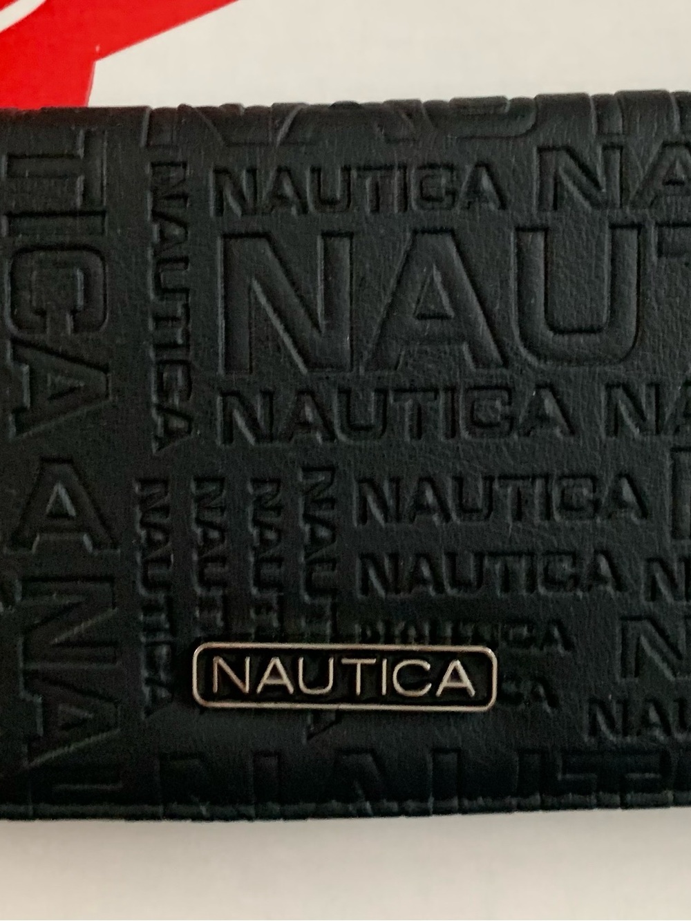 Nautica Black Embossed Logo Trifold Wallet with Silver Accent